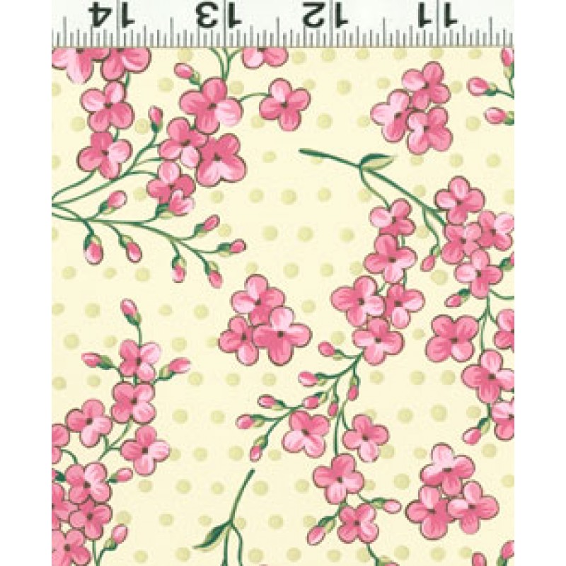 Isabella : Gul m/ lyserød blomster - NEDSAT : 80.- pr meter.